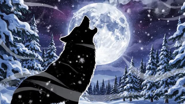 Winter Moon Howl Lone wolf calls to the sky with snow, and forest.