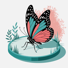 A beautifully designed butterfly with striking colors, resting on a circular platform surrounded by lush greenery and soft pink floral accents, capturing nature’s essence artistically.