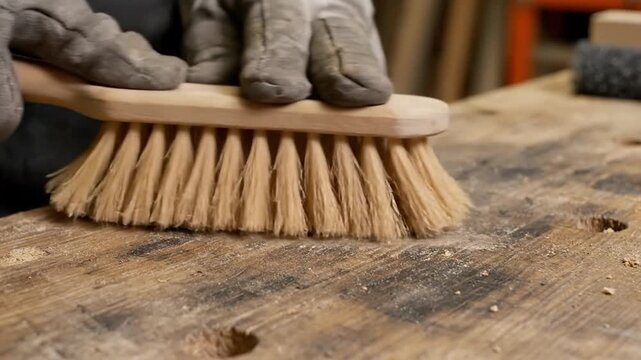Close up of hands in gloves brushing a wooden surface with a stiff bristle brush