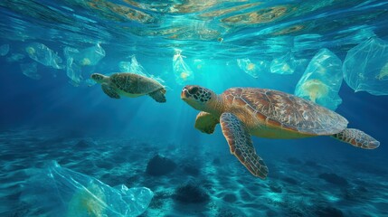 Obraz premium Two sea turtles swim through clear blue water encountering floating pieces of plastic debris. The sunlight filters down illuminating their graceful movements amid pollution.