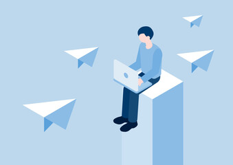 お問い合わせに対応するリモートのビジネスマンと紙飛行機のアイソメトリックイラスト