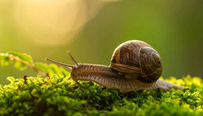 Snail on green moss with warm sunlight and blurred background showcasing natural detail and tranquil atmosphere