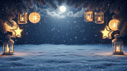 New Year 2009 abstract winter landscape vector illustration with glowing blue moon, stars, and Christmas tree light