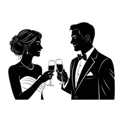 Wedding Couple Silhouette – Bride and Groom Toast Celebration Vector