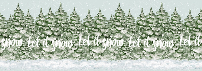 Let it Snow Winter Forest Scene With Falling Snow seamless border, ribbon design.