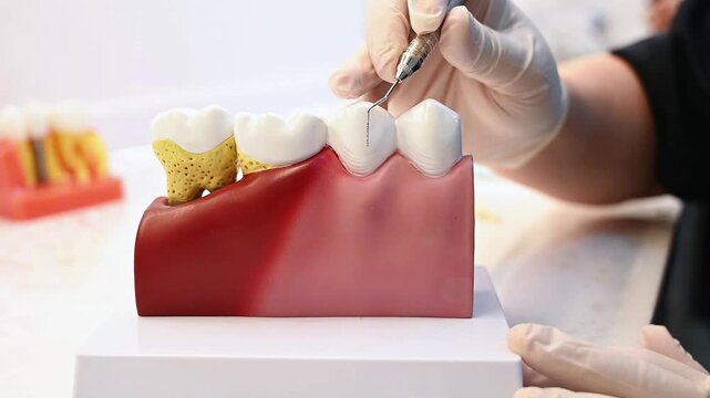 A dentist demonstrating periodontal probing on a gum disease model