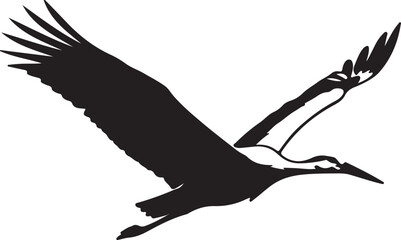 Black silhouette of a stork bird in flight with wings spread wide flying