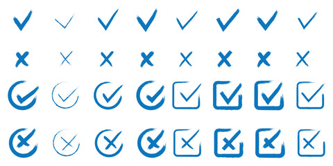 Vector Illustration, Check tick mark icon set. Cross box x check mark checkbox v list vector draw hand drawn sketch doodle brush marker checklist symbol wrong right circle. 