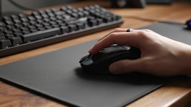 Close up of a hand using a gaming mouse on a desk with a keyboard