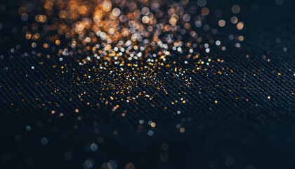 Sparkling golden glitter and bokeh lights create a festive abstract background on a dark textured surface, perfect for celebrations and luxury themes.