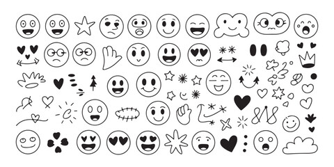 Doodle emoticons. Hand drawn sketch funny faces, cute emotion symbols, star and heart elements design set