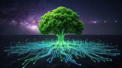 Green Tree Blossoms with Circuit Board Roots Under Starlight