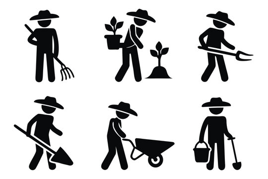Pictogram shows a farmer planting and harvesting plants with various gardening implements