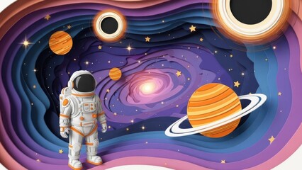Astronaut Explores a Vibrant Paper Cut Universe with Planets