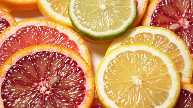 Close-up view of sliced citrus fruits arranged, showcasing vibrant colors and textures.