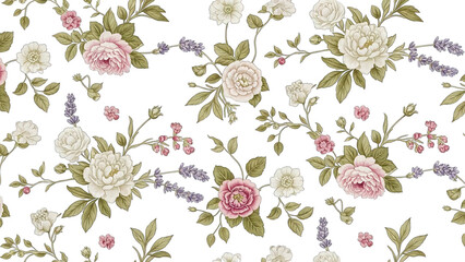 Floral Seamless Pattern with Roses, Lavender, and Leaves