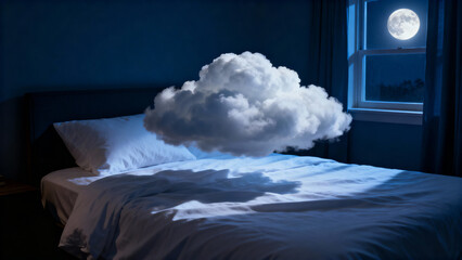 Fluffy cloud hovering over bed illuminated by moonlight for healthy sleep concept