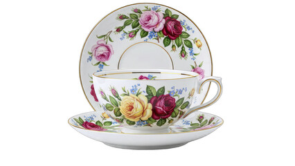 Floral Teacup Set Displayed on White Background