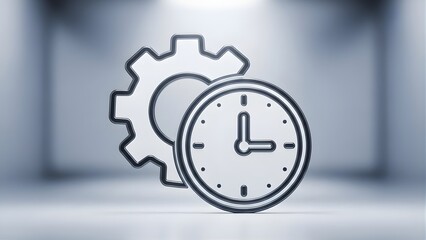 Stylized icon featuring a clock and cogwheel, representing concepts of efficiency, scheduling, and process automation