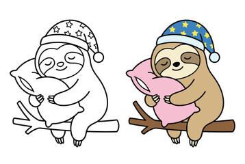 Cute Cartoon Sloth Sleeping on Tree Branch with Pillow and Cap Line Art and Color Illustration for Kids Coloring Book and Sleep