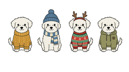 Cute Cartoon Maltese Dogs in Winter Clothes Set Full Color Illustration for Pet Fashion and Holiday Season Design