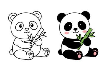 Sweet Baby Giant Panda Bear Cartoon Character Sitting and Holding Bamboo Stick for Coloring Book and Cute Animal Design