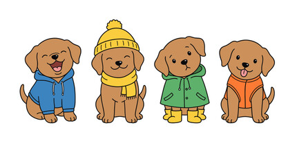 Group of Four Adorable Labrador Puppy Dogs Wearing Different Seasonal Clothes Cartoon Set for Kids Clothing and Stickers © 张锋