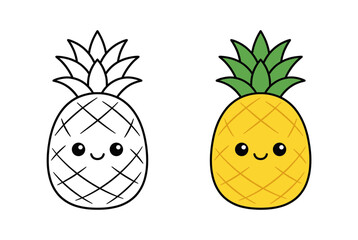 Cute Pineapple Fruit Mascot Cartoon Character with Smiling Face for Summer Tropical Food and Kids Coloring Book Design