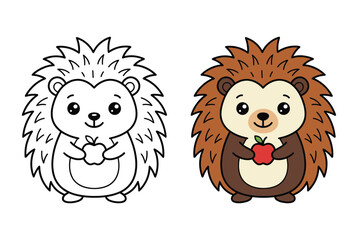 Happy Hedgehog Cartoon Character Holding a Red Apple for Autumn Harvest Seasonal and Cute Animal Coloring Book Design