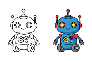 Cute Little Blue Robot Cartoon Mascot Character with Gears and Wheels for Technology Science and Kids Coloring Book Design