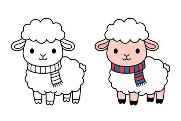 Cute Sheep Cartoon Character Wearing a Striped Scarf for Winter Seasonal and Adorable Farm Animal Kids Coloring Book Design