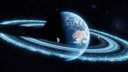 Earth-like planet with luminous sparkling rings