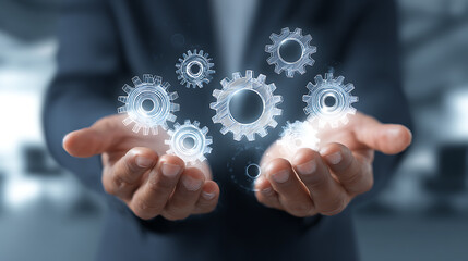 Hands holding gears: A person is holding gears, symbolizing the importance of mechanics and industry. This image conveys a sense of unity and connectivity.