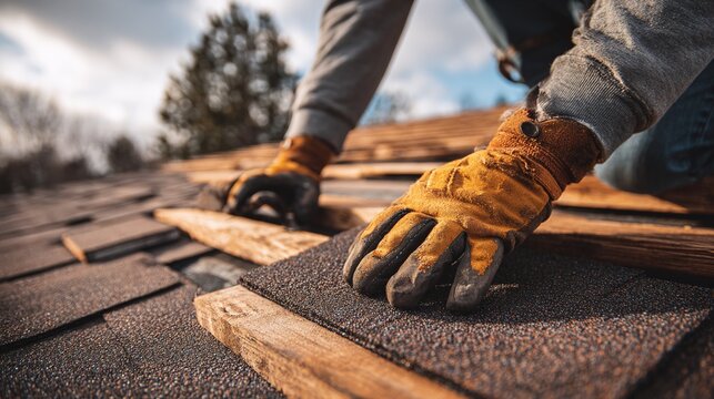 Roofer installing new roof shingles on a residential home, wearing gloves, with focus on the shingle and gloved hand, set against a blurred outdoor backdrop. Renovation.