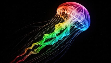 Vibrant Rainbow Jellyfish Shines Bright in Dark Ocean