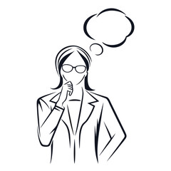 Outlined woman wearing glasses is contemplating an idea with a thought bubble above her