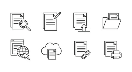 Set of hand drawn document icons representing various digital operations