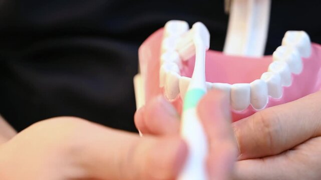 The toothbrush is cleaning the outer surface of the lower left first molar (the sixth tooth) on a dental teaching model