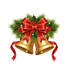 Golden Christmas Jingle Bells with Red Bow and Pine Wreath Illustration