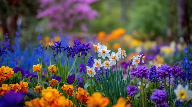 Beautiful spring garden showcases a variety of flowers in vivid colors including yellow pansies purple irises and white daffodils. Green foliage enhances the lively scene.