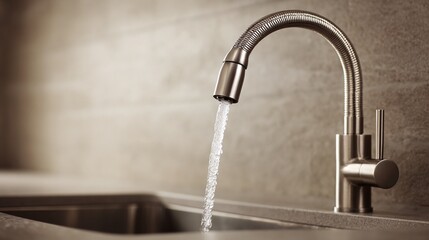 Modern kitchen faucet with a flexible hose, dispensing clean, flowing water into a stainless steel sink. The sleek design complements the minimalist interior.