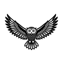 Black Silhouette Owl Logo with Spread Wings, Stylized Bird of Wisdom Vector Emblem Design