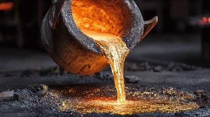 Molten gold flows from a crucible in a foundry, a mesmerizing blend of heat and industry. The cascading liquid metal illuminates the scene with intense brightness.