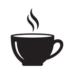 Black coffee cup icon with steam simple flat vector for cafe and beverage co