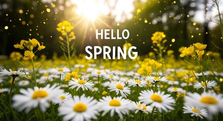 Hello spring text over a field of daisies and yellow flowers with sun flare