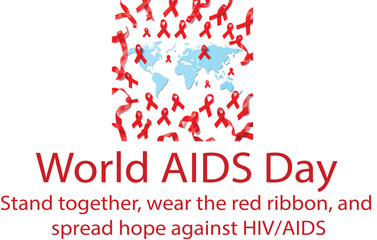 World AIDS Day awareness vector with red ribbons clustered around light blue world map and solidarity message