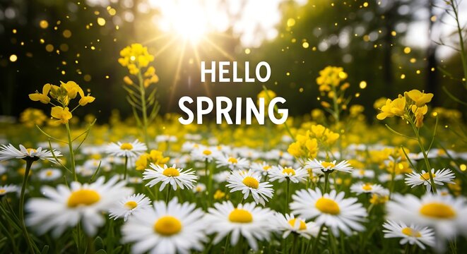 Hello spring text over a field of daisies and yellow flowers with sun flare - Powered by Adobe