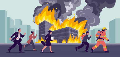 A dramatic illustration depicting a group of people fleeing from a blazing fire while a firefighter heroically approaches the scene, signifying courage and resilience in emergencies. © Zeming