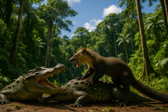 A dramatic wildlife scene featuring a fearless mustelid standing on top of a crocodile while confronting another crocodile in the tropical jungle.