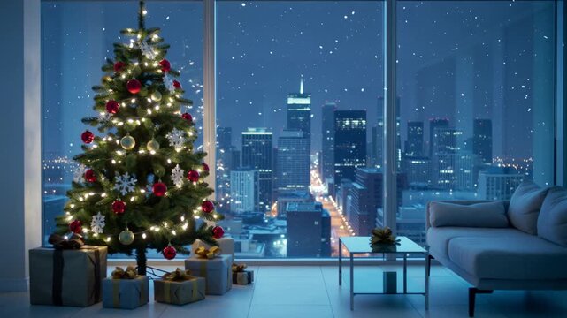 A decorated Christmas tree with wrapped presents stands inside a modern high-rise apartment, overlooking a glowing city skyline at night. Calm, festive atmosphere with no people or motion.